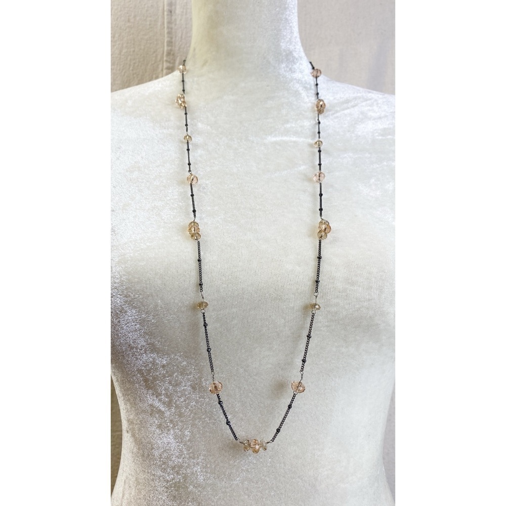 LOFT long station necklace faceted peach glass beads antiqued silver tone chain